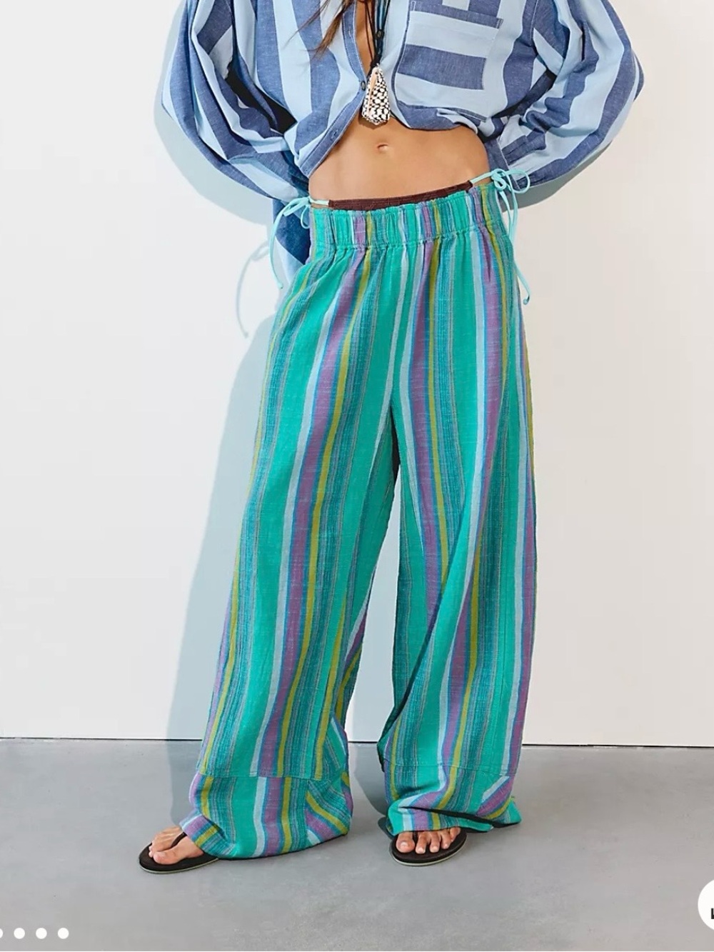 Free People Day’s End Linen Striped Pull On Pants in Kelly Green Combo XS NWT